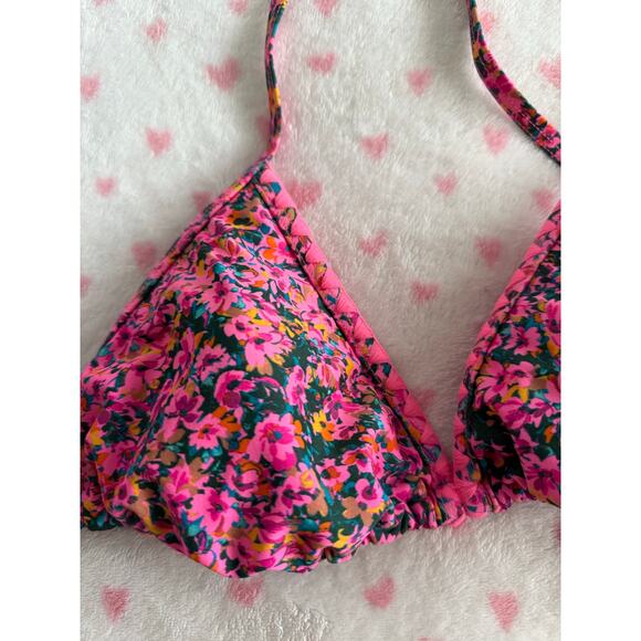 Wild Fable Floral Crochet Trim Triangle Pink Multicolor String Bikini Swim Top M - Picture 2 of 4